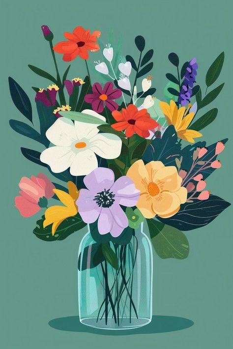 Colorful flowers vase graphics painting. | premium image by rawpixel.com Flower Vase Illustration, Painting Moodboard, Shorts Painting, Mini Drawing, Flower Vector Art, Office Posters, Flower In Vase, Graphics Painting, Gala Gonzalez