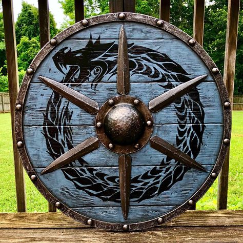 Excited to share the latest addition to my #etsy shop: Ouroboros Battleworn Viking Shield with Leather Strap https://etsy.me/2kf94Fq #vintage #collectibles #blue #birthday #christmas #black #hyperealismpaintings Viking Shield, Fence, Bench, Ships, Wood