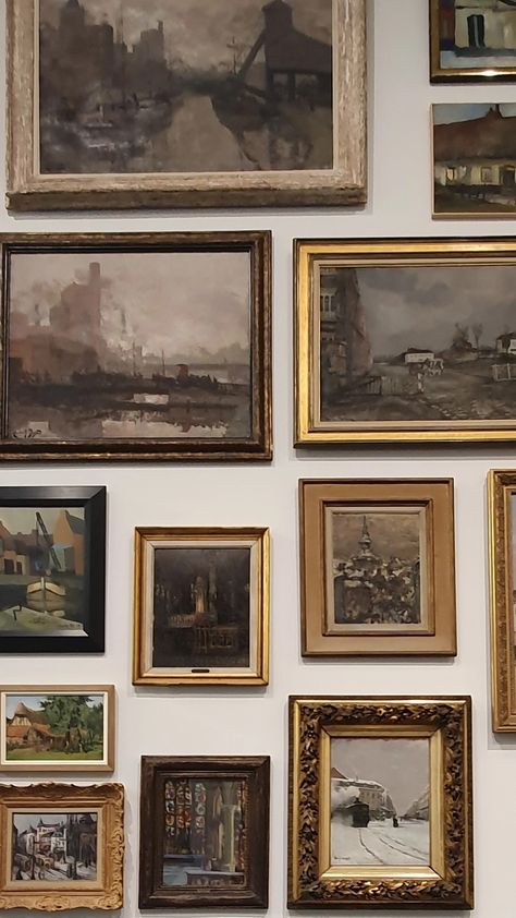 A bunch of paintings hanging against a withe wall, framed in brown and golden tones. All the paintings are different sizes and represent dull urban landscapes Magnolia Park, Arte Van Gogh, Vintage Traditional, Most Expensive, Traditional Decor, Art And Architecture, Pretty Wallpapers, Aesthetic Art, Art History