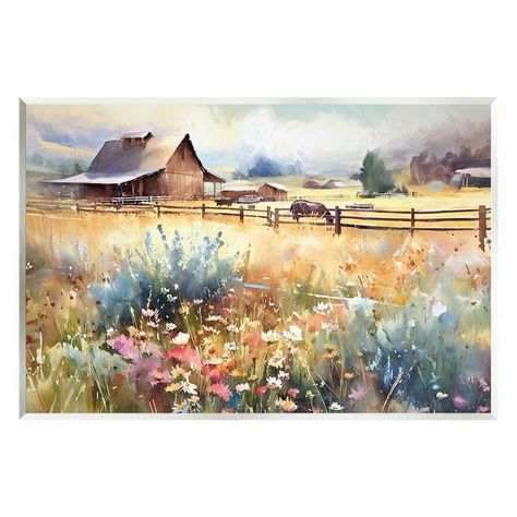 Stupell Horse in Farmhouse Meadow Wall Plaque Art Design by Ramona Murdock - Bed Bath & Beyond - 40014384 Rustic Paintings On Canvas, Western Watercolor, White Foil, Farm Field, Farm Scene, Wall Art Plaques, Lithograph Print, Stupell Industries, Ramones