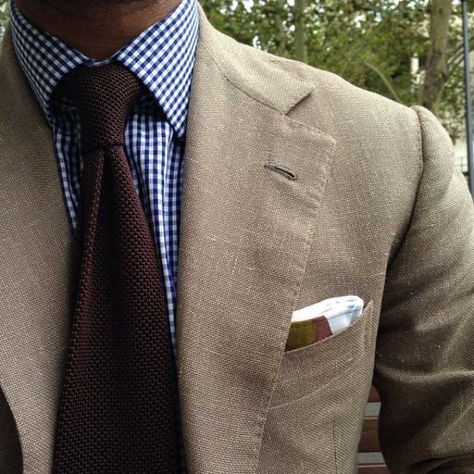 Lawyer Attire, Square Jacket, Brown Gingham, Beige Suits, Beige Jacket, Brown Blazer, Shirt Tie, Gingham Shirt, Knit Tie