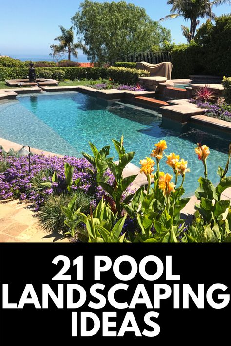 Looking for a way to enhance your pool landscape? We've got you covered! Here, we share 21 of our favorite pool landscaping ideas to transform your outdoor space! Read more at OwnTheYard.com! Pool Waterfall Landscaping, Poolside Landscape Ideas, Swimming Pools Backyard Landscape, Pool Area Landscaping, Trampoline Ideas, Tropical Pool Landscaping, Landscaping Around Pool, Inground Pool Landscaping, Rectangle Pool