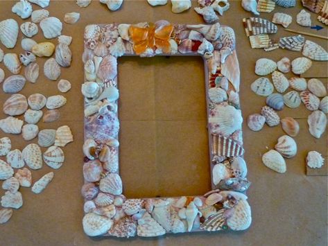 seashell frame by mermaid ella Seashell Picture Frames Diy, Picture Frames Diy Kids, Picture Frames Diy, Seashell Picture Frames, Mermaid Pool Parties, Frames Diy, Seashell Frame, Seashell Mirror, Sea Crafts