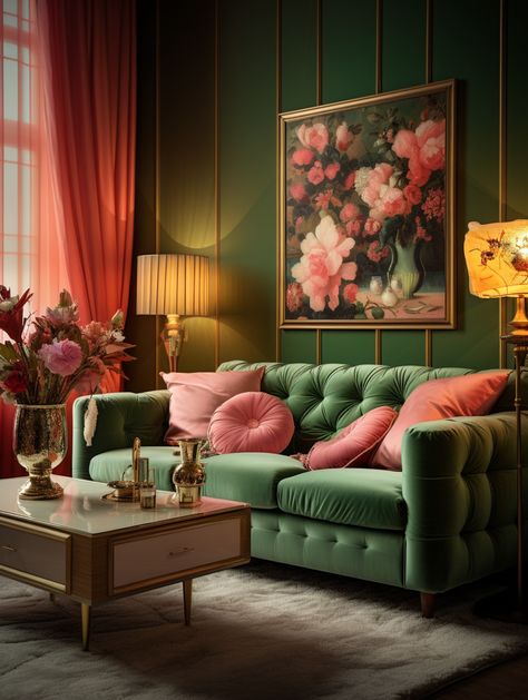 January Midjourney Dump — Living Bright Interiors Eclectic Hollywood Regency, Glam Room Ideas Small Spaces, Maximalist Decor Apartments, Old Hollywood Living Room, Coral Living Rooms, Hollywood Regency Interior, Eclectic Glam, Colorful Maximalist, Pink Living Room Decor