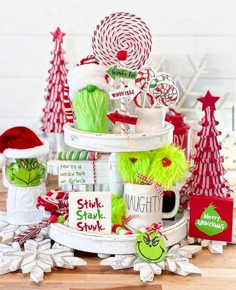 Grinch Tiered Tray, Grinch Trees, Mr Grinch, Grinch Party, Grinch Christmas, The Grinch, Happy Tuesday, Creative Home, Tiered Tray Decor