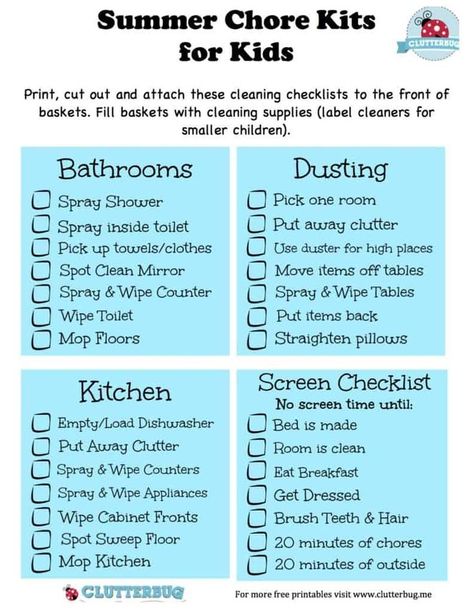 Summer Chore Kits and Screen Time Checklist for Kids | ClutterBug.Me Summer Chore Chart, Screen Time Checklist, Kids Summer Schedule, Summer Rules, Checklist For Kids, Screen Time Rules, Kids Chores, Rules For Kids, Summer Schedule