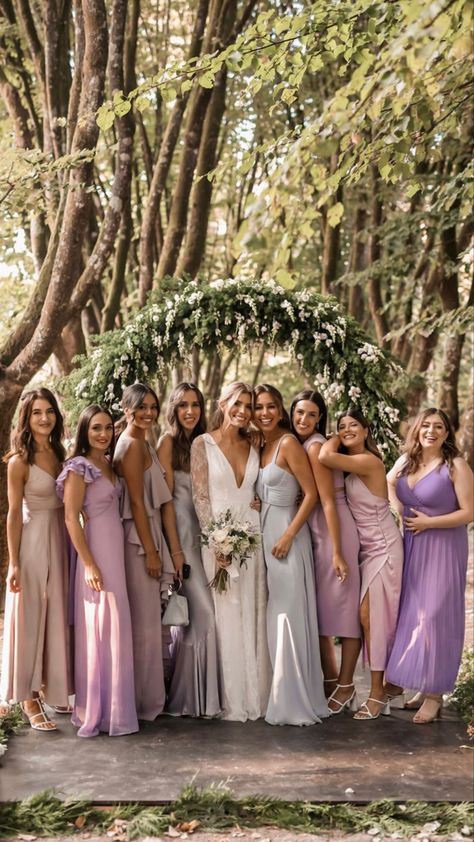 Lilac And Green Bridesmaid Dresses, Pastel Colors Bridesmaid Dresses, Purple And Green Bridesmaids, Lilac Mismatched Bridesmaid Dresses, Muted Pastel Bridesmaid Dresses, Pastel Wedding Theme Color Schemes Bridesmaid Dresses, Lavender And Tan Wedding, Mismatched Bridesmaid Dresses Purple, Lavender Bridesmaid Dresses Mismatched