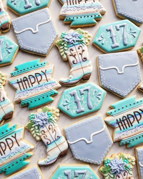 Wrangler Pocket Cookies, Western Cookies Decorated, Western Sugar Cookies, Rodeo Cookies, Western Cookies, Western Birthday Cakes, Cowgirl Cookies, Cow Cookies, 17 Birthday Cake