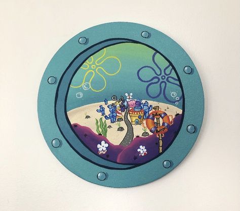 Spongebob Window Painting, Spongebob Window, Spongebob Art, Circular Canvas, Spongebob Painting, Star Painting, Painting Canvases, Green Paintings, Mirror Painting