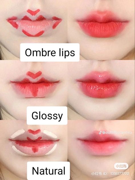 Korean Makeup Look Lips, Ombre Lip Tutorial, How To Do Korean Lips, Lipstik Ombre Tutorial Korea, Korean Ombre Lips, Korean Makeup Tutorials Step By Step, Simple Lip Makeup, Korean Lip Tutorial, Lip Techniques