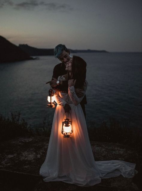 Lantern Wedding Photography, Halloween Elopement Ideas, Night Time Elopement, Night Elopement Photography, Night Wedding Photo Ideas, Lantern Engagement Photos, French Engagement Photos, Lantern Couple Photoshoot, Night Time Wedding Photos