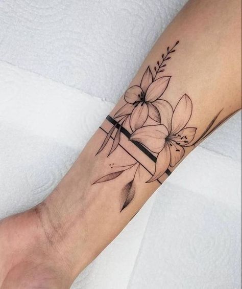 Female Arm Band Tattoo, Floral Armband Tattoo For Women, Floral Band Tattoo Design, Wrist Cuff Tattoos For Women, Flower Band Tattoo Design, Armband Tattoo Frau, Hand Band Tattoo, Flower Tattoo Ideas For Women, Arm Cuff Tattoo