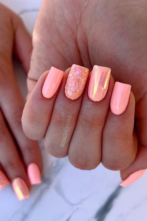 Looking for some bright & trendy summer nails? Try these totally cute and fun spring nail art ideas and designs for this year to match your summer outfit. From bright pink nail designs to classy floral or beach moods, 80+ stunning nail polish options for the season! Pink Coral Nails With Design, Classy Spring Nail Ideas, Short Gel Nails Summer Bright Designs, Trendy Pastel Nails Short, Spring Gel Polish Nails, Summer Nails With Sparkle, Spring Holiday Nails, Shellac Nail Designs Spring, Spring 2024 Nails Ideas