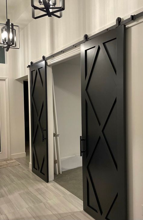 Black Barn Doors In The House, Modern Home Ideas, Traditional French Doors, Modern Barn Doors, Small Den, Den Room, Room Revamp, Modern Sliding Doors, Esthetician Room