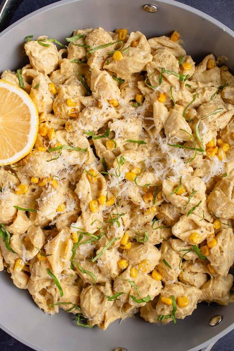 Creamy Sweet Corn, Dinner Pasta, Corn Pasta, Vegan Cheese Recipes, Vegan Parmesan Cheese, Creamy Corn, Vegan Pasta Recipes, Summer Corn, Hosting Guests