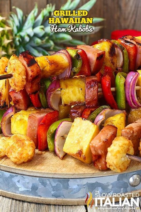 Hawaiian Grilled Shish Kabobs with Ham - TSRI Ham Kabobs, Grilled Shish Kabobs, Hawaiian Ham, Ham Pineapple, Pineapple Kabobs, Portable Breakfast, Bbq Pulled Pork Sandwiches, Slow Roasted Italian, Luau Food