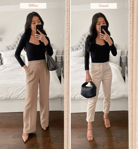 spring work to weekend outfits // how to style a chic black top for the office and for a casual date night look Business Office Outfits, Spring Office Outfits, Corporate Girlie, Petite Work Outfits, Outfit For Petite Women, Petite Casual, Business Casual Fall, Work Outfit Ideas, Petite Business Casual