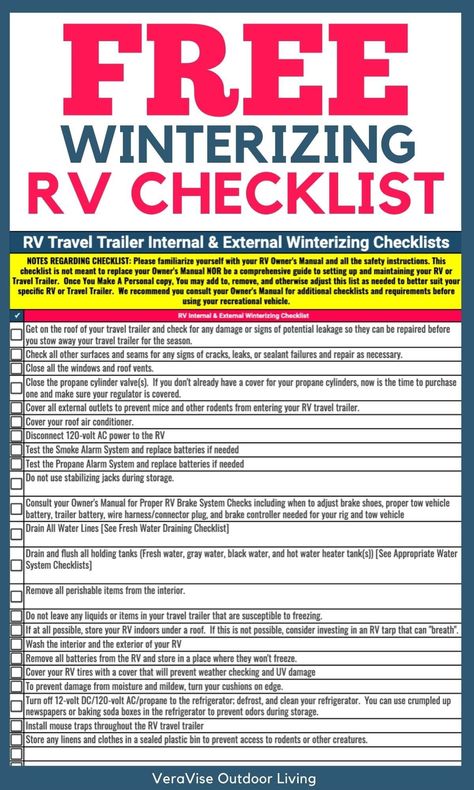 FREE Internal & External RV Winterizing Checklist [PRINTABLE] | VeraVise Outdoor Living Camper Maintenance Checklist, Winterize Rv Travel Trailers, Winterizing Rv Travel Trailers, Rv Tips And Tricks, Winterize Camper, Rv Checklist, Rv Winterizing, Camper Maintenance, Rv Camping Checklist