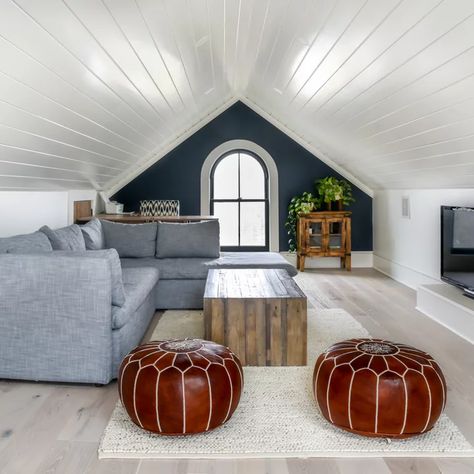 Attic Remodel - Photos & Ideas | Houzz Attic Bedroom Conversion, Attic Room Playroom, Finished Attic Space, Attic Tv Room Sloped Ceiling, Blue Bonus Room, Attic Movie Room, Attic Lounge Ideas, Attic Living Room Ideas, Bonus Room Ideas Upstairs