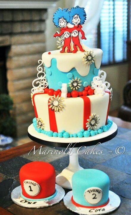 Thing one and thing two... Dr Seuss Cake, Colorful Birthday Cake, Twin Birthday Cakes, Twins Cake, Dr Seuss Birthday Party, Twin Birthday Parties, 2 Birthday Cake, Twins 1st Birthdays, Twin First Birthday