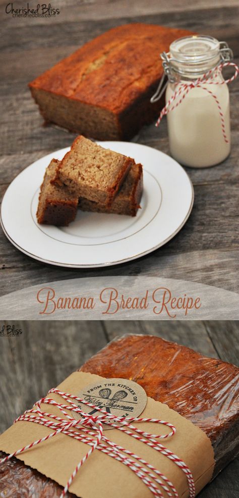 Banana Bread Recipe and Gift Idea by Cherished Bliss Banana Bread Packaging Ideas, Bread For Gifts, Banana Bread Packaging, Bread Packaging Ideas, Bread Gifts, Delicious Banana Bread Recipe, Bake Sale Packaging, Banana Bread Loaf, Bread Packaging