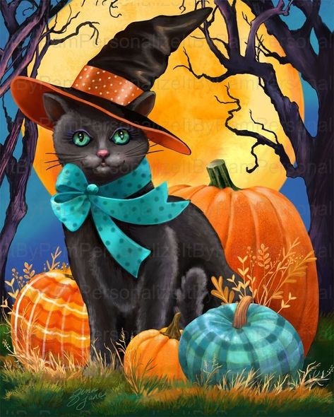 The Pumpkin Queen Photo Halloween, Chat Halloween, Labu Halloween, A Black Cat, Cat Fabric, Halloween Images, Halloween Pictures, Black Cat Halloween, Halloween Projects