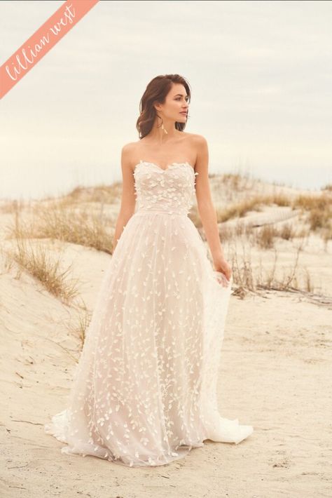 Soft romance is apparent in this sweetheart A-line gown with 3D flower petals. The tulle skirt with chapel length train is romantic and flirty. Lillian West Bridal, Lillian West Wedding Dress, Sincerity Bridal, Lillian West, Dresses Boho, Justin Alexander, Boho Dresses, Strapless Gown, Long Wedding Dresses