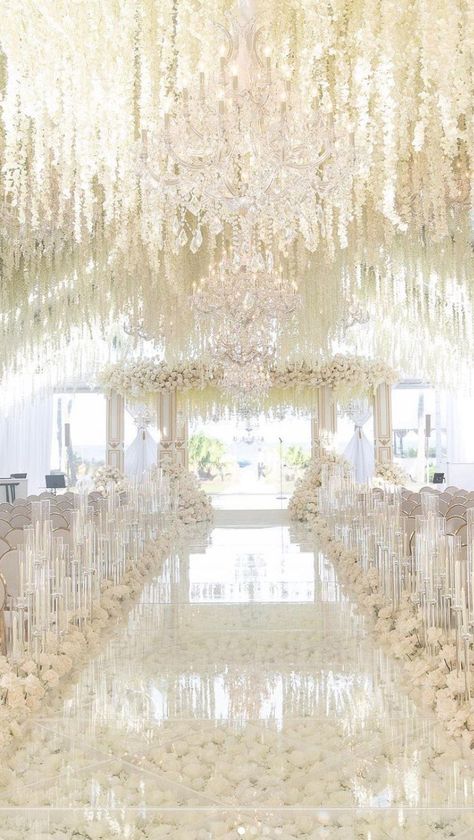 White And Gold Wedding Themes, White Wedding Ceremony, White Wedding Decorations, White Floral Arrangements, Church Wedding Decorations, Dream Wedding Decorations, White Wedding Theme, Luxury Wedding Decor, Wedding Planning Decor