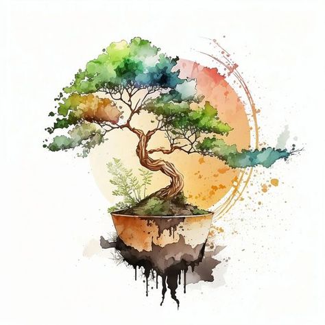 Bonsai Tree Wall Art: Peaceful Minimalist Watercolor Paint Style Poster of a Potted Bonsai #watercolor #art #ideas #inspiration #painting Balance Artwork Ideas, Harmony With Nature Art, Chef Paintings Art, Bonsai Art Drawing, Nature Poster Drawing, Beautiful Tree Drawing, Watercolor Bonsai, Bonsai Tree Drawing, Nature Watercolor Paintings