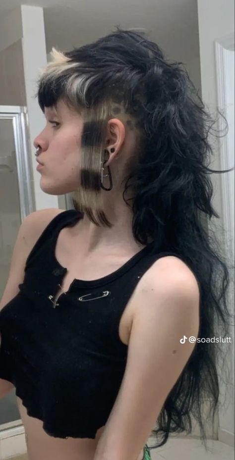 High Ponytail With Undercut, Shaved On Sides Long On Top, Punk Side Shave, Gothic Mullet Hair, Medium Punk Haircut, Deathhawk Hairstyles Long, Punk Color Hair, Wolfhawk Hair, Grunge Hair Dos