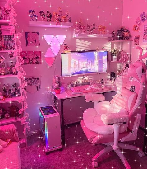 Girly Setup, Home Office Pink, Tatami Floor, Kawaii Room Ideas, Gamer Bedroom, Seat Pillow, Figurine Display, Kawaii Bedroom, Setup Gaming