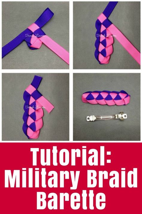 Tutorial: Military Braid Barrette with Grosgrain Ribbon - Learn how to make a cute braided hair barrette from grosgrain ribbon | #crafts #diy #ribbon #tutorial #hair Grosgrain Ribbon Projects, Ribbon Barrettes Diy, Hairstyles With Yarn, Twists With Beads, Awana Crafts, Headband Holders, Grosgrain Ribbon Crafts, Braid Ribbon, Ribbon Tutorial