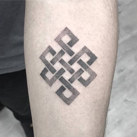 Dotwork style endless knot tattoo on the inner forearm. Eternal Knot Tattoo, Endless Knot Tattoo, Portrait Tattoo Sleeve, Upper Leg Tattoos, Small Neck Tattoos, Eternal Knot, Karma Tattoo, Endless Knot, Knot Tattoo