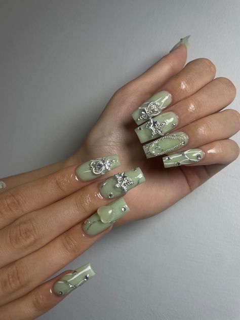 Sage Green Birthday Nails, Sage Green Acrylics, Acrylic Nails Sage, Acrylic Nails Sage Green, Sage Green Nails Acrylic, Sage Green Acrylic Nails, Xl Long Acrylic Nails, Nails Sage Green, Green Acrylics