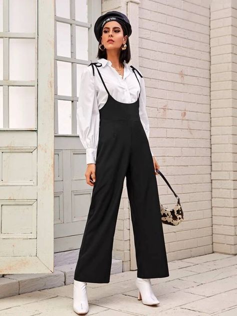 Solid Tie Shoulder Pinafore Jumpsuit | SHEIN USA Pinafore Jumpsuit Outfit, Pinafore Pants, Pinafore Jumpsuit, Black Pinafore, Woman Suit, Jumpsuit Outfit, Woman Suit Fashion, Winter Trends, Suit Fashion