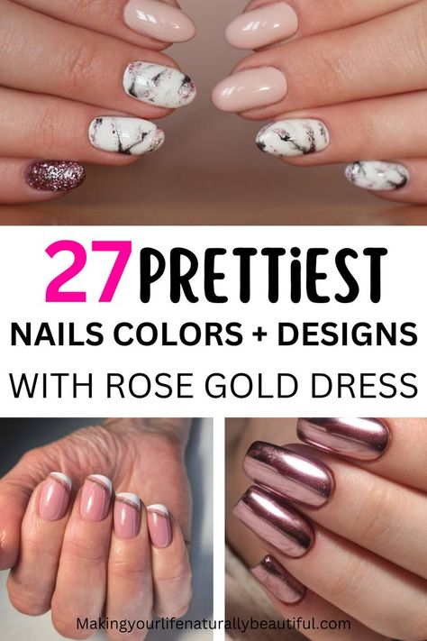 Pretty nails with your rose gold dress Nails For Rose Gold Dress, Nude And Rose Gold Nails, Beautiful Nail Colors, Nails With Rose Gold, Nail Colors And Designs, Best Nail Colors, Easy Nail Designs Summer, Rose Gold Nails Design, Christmas Nail Art Easy