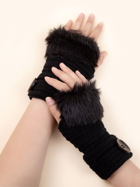 Black    Acrylic   Embellished   Women Accessories Black Fingerless Gloves Aesthetic, Black Arm Warmers, Black Hand Warmers, Black Hand Gloves Fingerless, Black Fur Gloves, Gowns Dresses Elegant, Driving Gloves, Korean Fashion Dress, Lace Gloves