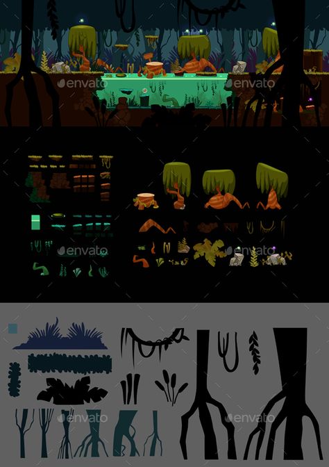 Platformer TileSet Swamp by Torchis | GraphicRiver Swamp Background Art, Platformer Tileset, Swamp Art, Platformer Game, Game Level Design, Isometric Map, Graphic Design Portfolio Layout, Indie Game Art, Map Games