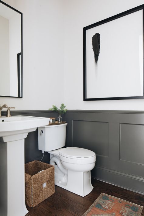 Half Bath Pedestal Sink, Batten And Wallpaper, Board And Batten And Wallpaper, Bathroom Pedestal Sink Ideas, Powder Room Wallpaper Modern, Transitional Powder Room Ideas, Pedestal Sink Ideas, Powder Room Pedestal Sink, Dark Brown Wood Floors