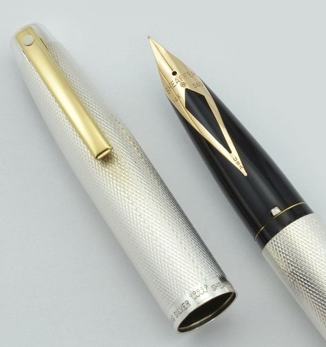 This vintage Sheaffer Imperial 826 sterling silver fountain pen has a solid 14 karat gold inlaid nib and was made in the U.S. in 1972. Sheaffer Fountain Pen, Fountain Pens For Sale, Dog Pen, Beautiful Pen, Calligraphy Pens, Fountain Pen Ink, Pen Ink, Writing Instruments, Pen Sets