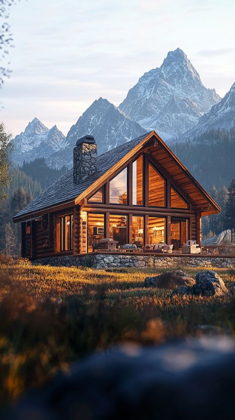 Rustic Mountain Cabin With Large Windows Overlooking Peaks Montana Cabin Aesthetic, Rustic Mountain Cabin, Alaska Cabin, Colorado Mountain Homes, Cabin Mountain, Montana Cabin, Log Houses, Cabin Aesthetic, Adirondack Mountains