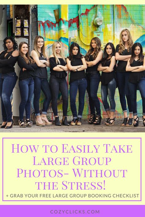 Tricks and tips for photographers on how to take photos of large groups. Photo tips for large group portraits. How To Take Good Group Pictures, Family Portraits 8 People, Photography Poses For Groups, Family Pictures 7 People, How To Look Good In Group Photos, 8 People Group Photo, How To Pose For Group Pictures, How To Pose In Group Pictures, Family Of 10 Picture Poses