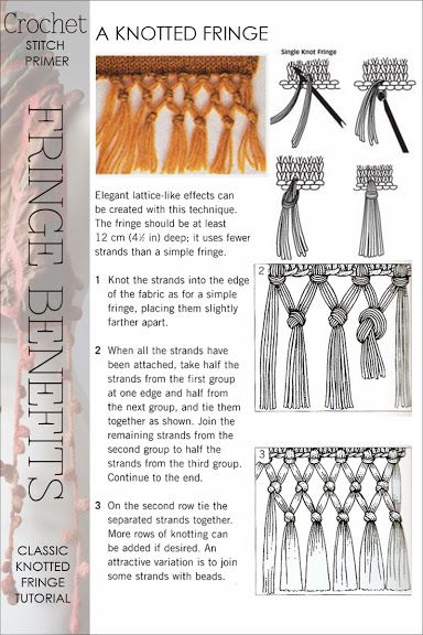 A knotted fringe - DiaryofaCreativeFanatic Making Fringe On A Scarf, Crochet Scarf Fringe Ideas, Macrame Fringe Tutorial, Scarf Fringe Ideas, Fringe Crochet, Macrame Fringe, Needlecraft Patterns, Knotted Fringe, Peg Loom