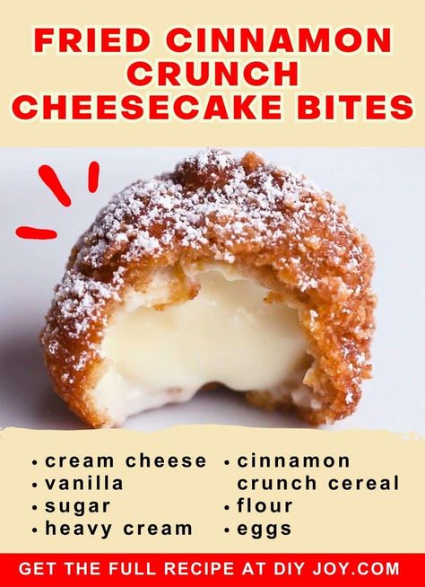 Cinnamon Cheesecake Bites, Fried Cheesecake Balls, Fancy Strawberry Desserts, Deep Fried Cheesecake Bites, Deep Fried Desserts Easy, Air Fried Desserts, Fried Cheesecake Bites, Cinnamon Toast Crunch Cheesecake, Deep Fried Cheesecake