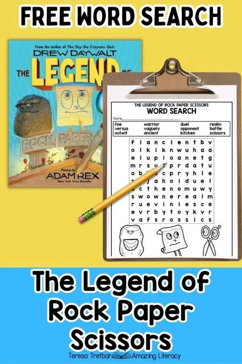 The Legend of Rock Paper Scissors Activities and Free Word Search Rock Paper Scissors Activities, Legend Of Rock Paper Scissors Activities, Free Word Search, Rock Paper Scissors, Library Programs, Book Suggestions, A Classroom, Classroom Fun, Digital Activities