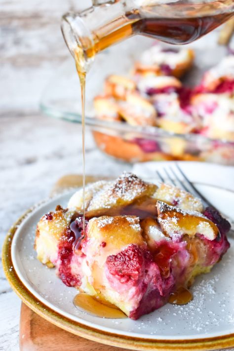 Raspberry Cheesecake French Toast Casserole • Dance Around the Kitchen Cheesecake French Toast Casserole, Overnight French Toast Casserole, Dance Around The Kitchen, Raspberry Breakfast, Cheesecake French Toast, Stuffed French Toast Cream Cheese, French Toast Casserole Overnight, Chewy Bread, Asparagus Bacon