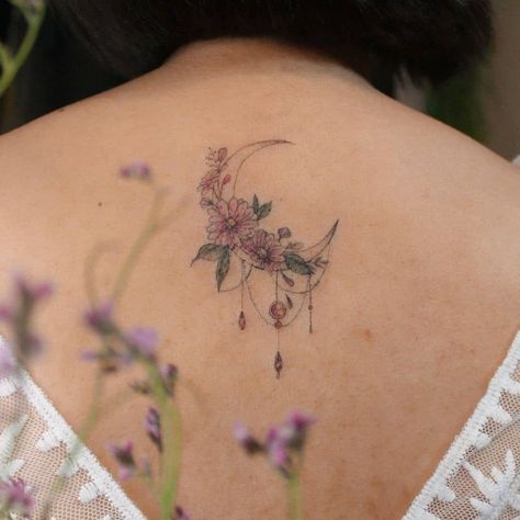 Back & Neck Aster Flower Tattoo Aster Flower Back Tattoo, Aster Flower Moon Tattoo, Sun And Moon Flower Tattoo, Aster Tattoo Design, Small Aster Flower Tattoo, Sun Moon Flower Tattoo, Star Flower Tattoo, Ava Tattoo, Boo Tattoo