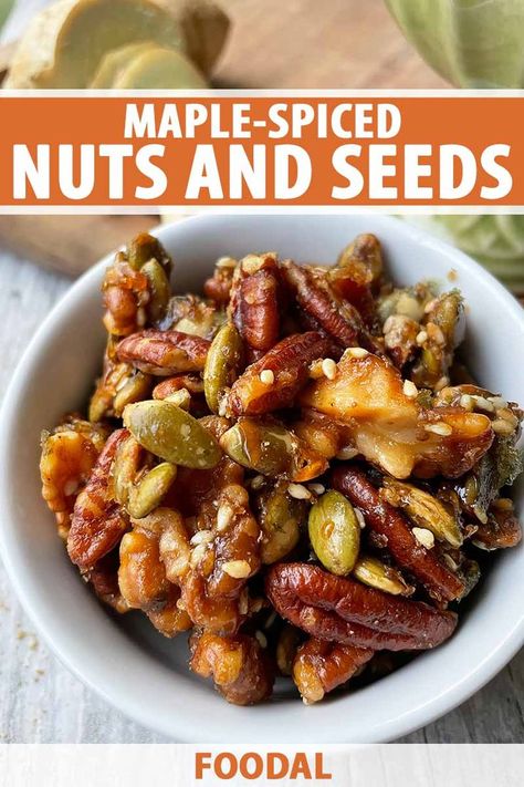 Healthy Nut Snack Recipes, Maple Spiced Nuts Recipe, Maple Snacks, Recipes With Nuts And Seeds, Seasoned Nuts Recipe Savory, Baked Nuts Recipe, Nuts Recipes, Maple Nut Goodies, Nuts And Seeds Recipes