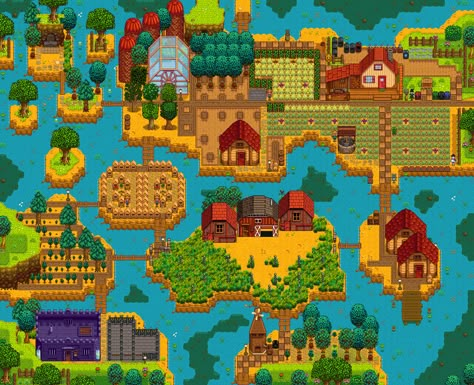 Click to open farm gallery Stardew Valley Farm Layout Riverlands, Farm Layouts, Stardew Farms, Stardew Valley Layout, Stardew Valley Tips, Valley River, Stardew Valley Farms, Cozy Gaming, Farm Layout