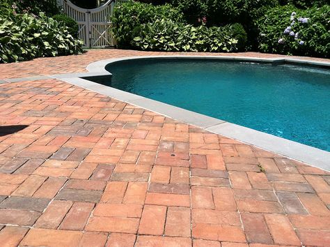 Pool Patio Pavers, Red Brick Pavers, Pool Paving, Landscaping Around House, Pool Pavers, Patio Pictures, Patio Pavers, Pool Remodel, Backyard Pool Designs